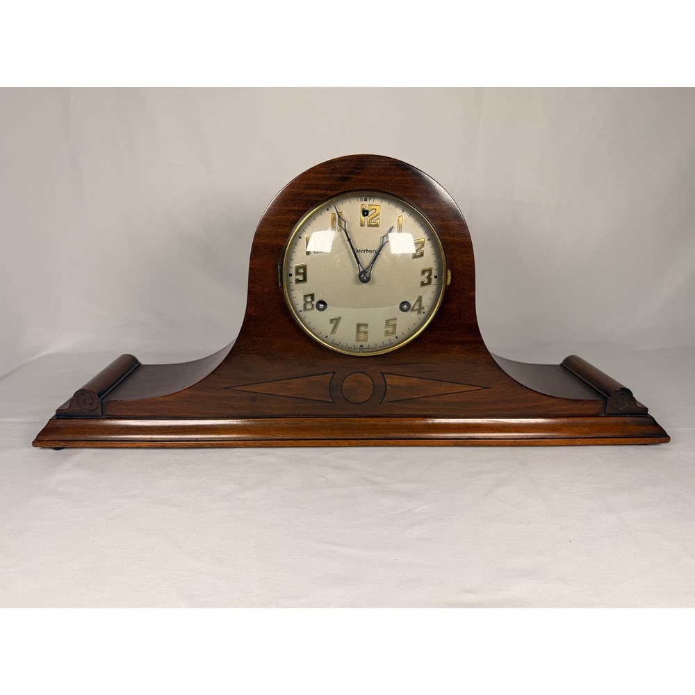 Antique Waterbury Mantel Clock Tambour Wood Case Mechanical Wind Up with Key